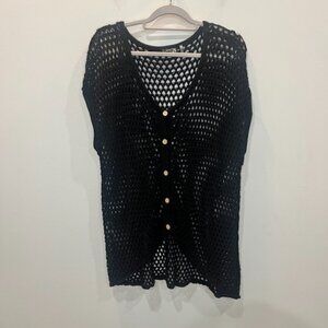 Mak B Open Knit Short Sleeve Cocoon Cardigan Black Women's Size M/L Sheer Grunge